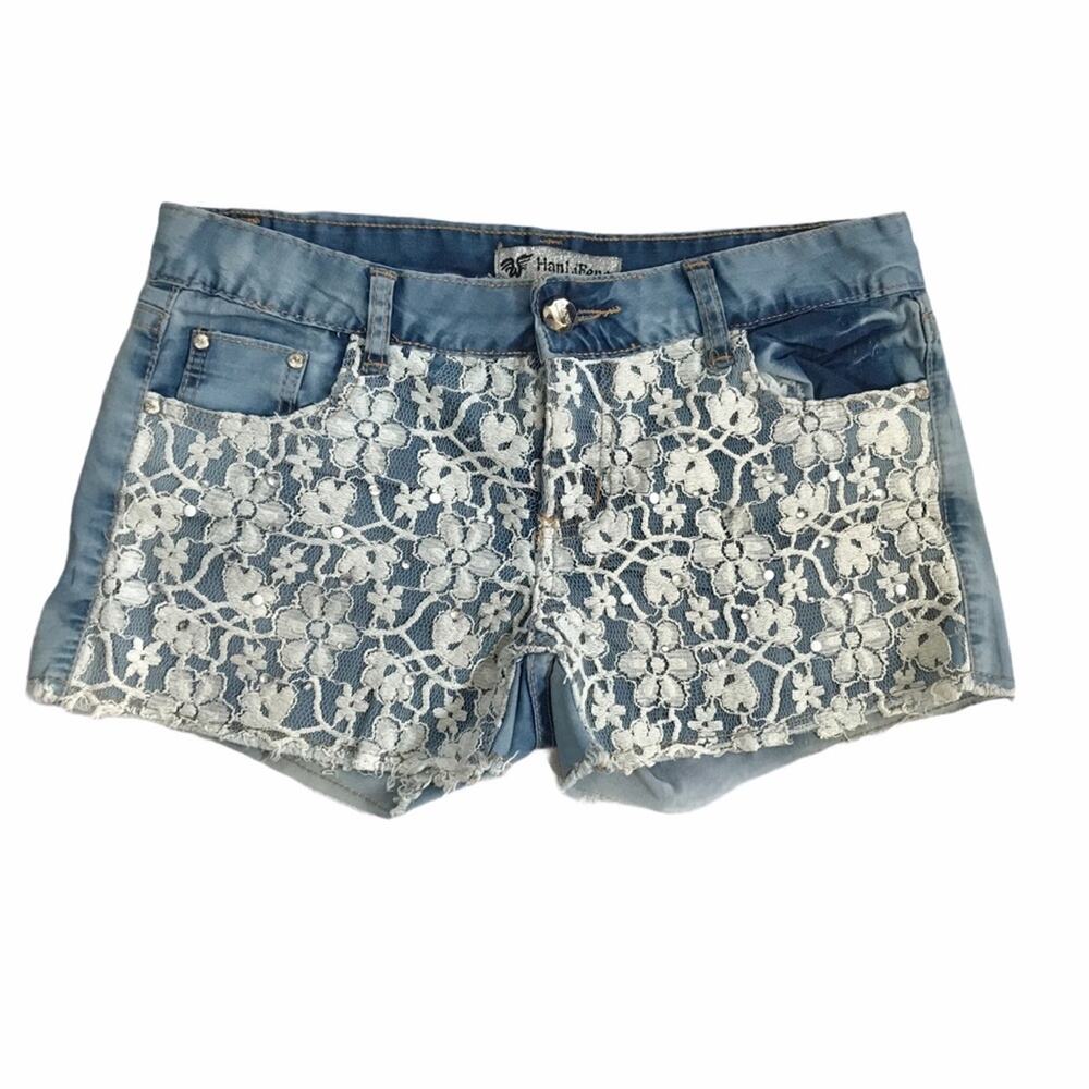 Bling Short Shorts Chambray Embellished Lace Distressed  Denim